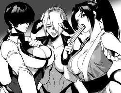 Rule 34 | 3girls, angel (kof), breasts, cleavage, gamzamugur, hair over eyes, hair over one eye, hand fan, hands on own chest, holding, holding fan, large breasts, looking at viewer, multiple girls, ninja, ponytail, shermie (kof), shiranui mai, the king of fighters