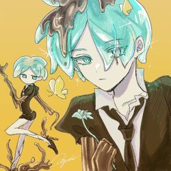 Rule 34 | 1other, androgynous, aqua eyes, aqua hair, artist request, black footwear, black necktie, black shorts, bright pupils, bug, butterfly, closed mouth, colored skin, crystal hair, flower, gem uniform (houseki no kuni), golden arms, holding, holding flower, houseki no kuni, insect, multicolored skin, necktie, phosphophyllite, shirt, short hair, short sleeves, shorts, signature, solo, sparkle, white pupils, yellow background