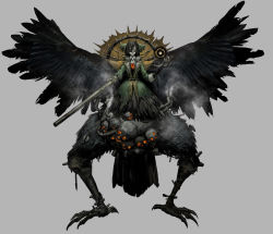 Rule 34 | 1girl, absurdres, alternate body size, alternate color, alternate costume, arm cannon, ascot, belt, bird legs, bird mask, bird wings, black hair, black sun, black wings, blindfold, bow, cape, claws, covered eyes, darkest dungeon, dress, energy ball, feathered wings, forehead protector, from software, full body, glowing, gold trim, googerm, green bow, green dress, green jacket, grey background, hair bow, hand up, high collar, highres, industrial pipe, jacket, long hair, long sleeves, mask, monster girl, pale color, pale skin, pile of skulls, reiuji utsuho, simple background, skull, solo, spine, spread wings, steam, steaming body, steampunk, straight hair, suit jacket, sun, third eye, torn ascot, torn clothes, torn neckwear, torn sleeves, torn wings, touhou, very long hair, weapon, white ascot, wing collar, wings, yellow cape