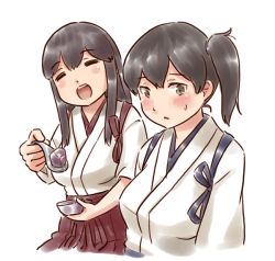 Rule 34 | 2girls, akagi (kancolle), blush, breasts, brown eyes, brown hair, closed eyes, gelatin, holding, holding spoon, japanese clothes, kaga (kancolle), kantai collection, karasu (naoshow357), large breasts, long hair, looking at another, looking away, multiple girls, open mouth, side ponytail, simple background, spoon, straight hair, tasuki, upper body, white background