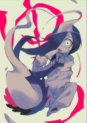 Rule 34 | 1girl, black necktie, eyepatch, female focus, floating, food, ghost, ghost girl, ghost tail, hair over one eye, highres, kitaya, long hair, looking at viewer, monster girl, necktie, original, oversized clothes, pleated skirt, popsicle, skirt, sleeves past wrists, solo, tongue, tongue out, triangular headpiece, white eyes