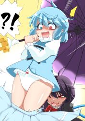 Rule 34 | !?, 2girls, :3, ahoge, assisted exposure, black dress, black hair, blue eyes, blue hair, blue skirt, blue vest, blue wings, blush, bow, bow panties, bowtie, breasts, bright pupils, cameltoe, commentary request, dress, fang, feet out of frame, geta, hayashitsu, heterochromia, highres, holding, holding umbrella, houjuu nue, juliet sleeves, long sleeves, medium breasts, multiple girls, nose blush, open mouth, panties, pantsing, presenting another, puffy sleeves, purple umbrella, red bow, red bowtie, red eyes, shiny skin, shirt, short hair, skirt, surprised, tatara kogasa, tongue, tongue out, touhou, umbrella, underwear, v-shaped eyebrows, vest, white panties, white pupils, white shirt, wings