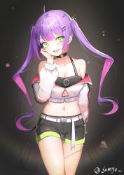 Rule 34 | 1girl, absurdres, black choker, black shorts, black tank top, blush, breasts, choker, cleavage, collarbone, colored inner hair, crop top, cropped jacket, demon girl, demon tail, green eyes, hair ornament, hairclip, highres, hololive, jacket, long hair, long sleeves, looking at viewer, medium breasts, midriff, multicolored hair, o-ring, o-ring choker, off shoulder, open mouth, pink hair, purple hair, short shorts, shorts, smile, solo, somyo (s0my0), tail, tank top, thighs, tokoyami towa, twintails, twitter username, virtual youtuber, white jacket, zipper pull tab