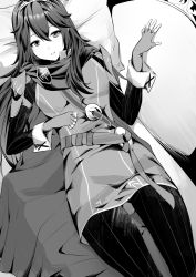 Rule 34 | 1girl, ameno (a meno0), bad id, bad twitter id, belt, fingerless gloves, fire emblem, fire emblem awakening, flat chest, gloves, greyscale, hair between eyes, highres, long hair, looking at viewer, lucina (fire emblem), lying, monochrome, nintendo, on back, pillow, scarf, smile, solo, symbol-shaped pupils, tiara