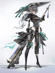 Rule 34 | 1girl, aqua bow, black hat, boots, bow, breasts, covered navel, green eyes, grey hair, hat, high heel boots, high heels, highres, holding, holding sword, holding weapon, hood, jingasa, looking down, medium breasts, original, science fiction, sidelocks, skin tight, solo, standing, swav, sword, thigh boots, thighhighs, weapon