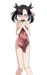 Rule 34 | 1girl, aqua eyes, areola slip, bare arms, bare legs, bare shoulders, black choker, black hair, blush, breasts, choker, collarbone, covering body, covering privates, creatures (company), dress, game freak, hair ribbon, looking at viewer, marnie (pokemon), medium breasts, nintendo, no pants, nude, nude cover, pink dress, pokemon, pokemon swsh, red ribbon, ribbon, see-through, simple background, solo, sweat, torn clothes, torn dress, tsukishiro saika, twintails, white background