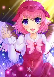 Rule 34 | 1girl, arm up, armband, beam, bird wings, blue eyes, bow, brooch, dress, female focus, hat, highres, jewelry, kotarou (yukina1721), light, light particles, long sleeves, looking at viewer, mystia lorelei, open hand, open mouth, pink dress, pink hair, puffy sleeves, short hair, solo, touhou, two-tone background, wings