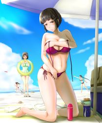 Rule 34 | :o, absurdres, ashigara (kancolle), bare shoulders, barefoot, beach, beach umbrella, bikini, black hair, blush, breasts, brown eyes, brown hair, can, cleavage, commentary request, covering breasts, covering privates, day, denim, denim shorts, dog, drink can, frisbee, full-face blush, haguro (kancolle), hair bun, hair ornament, hairclip, highres, kantai collection, kauchoro (namikazemakase), kneeling, large breasts, long hair, looking at viewer, midriff, myoukou (kancolle), nachi (kancolle), navel, o-ring, o-ring bikini, ocean, one-piece swimsuit, ponytail, purple bikini, running, sandals, seashell, shell, short eyebrows, short hair, shorts, side-tie bikini bottom, single hair bun, soda can, solo focus, striped bikini, striped bikini top, striped clothes, surprised, swimsuit, swimsuit skirt, umbrella, untied bikini