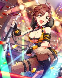 Rule 34 | 10s, 1girl, animal print, belt, bracelet, breasts, brown hair, chain, choker, cleavage, club, club (weapon), collar, fingerless gloves, gloves, green eyes, highres, horns, idolmaster, idolmaster cinderella girls, jewelry, jpeg artifacts, kanabou, kiba manami, large breasts, looking at viewer, oni, open mouth, resized, short hair, solo, spiked bracelet, spiked club, spiked collar, spikes, tiger print, upscaled, waifu2x, weapon