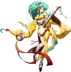 Rule 34 | 1girl, angelina (langrisser), aqua hair, brown eyes, floating hair, floral print, flower, full body, grin, hair flower, hair intakes, hair ornament, hair ribbon, highres, holding, holding instrument, instrument, japanese clothes, kimono, kneehighs, langrisser, langrisser iv, long hair, long sleeves, looking at viewer, official art, platform clogs, ponytail, print kimono, print sleeves, purple ribbon, red flower, red ribbon, ribbon, ribbon-trimmed legwear, ribbon trim, sleeveless, sleeveless kimono, smile, socks, solo, standing, tabi, transparent background, very long hair, white socks, wide sleeves, yellow flower, yellow kimono, yellow sleeves