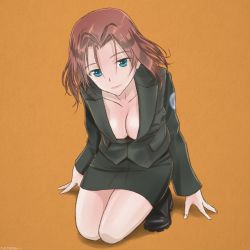 Rule 34 | 10s, 1girl, arm support, azumi (girls und panzer), bad id, bad pixiv id, black footwear, black jacket, black skirt, blue eyes, boots, breasts, brown hair, chimaki (u9works), cleavage, closed mouth, combat boots, emblem, full body, girls und panzer, jacket, kneeling, light smile, looking at viewer, medium breasts, military, military uniform, no shirt, orange background, parted bangs, pencil skirt, selection university (emblem), selection university military uniform, short hair, skirt, solo, uniform
