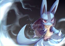 Rule 34 | animal ears, body fur, clenched hand, closed mouth, commentary request, creature, creatures (company), english text, fighting stance, furry, game freak, gen 4 pokemon, lucario, nintendo, pokemon, pokemon (creature), red eyes, solo, spikes, standing, syuya, tail, text focus