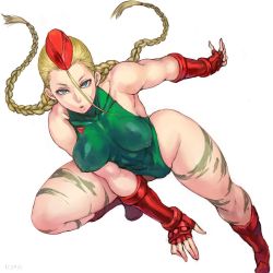 Rule 34 | 1girl, ass, bare shoulders, beret, blonde hair, blue eyes, boots, braid, breasts, cammy white, camouflage, capcom, commentary request, covered collarbone, covered erect nipples, curvy, female focus, fingerless gloves, gloves, green leotard, hat, highleg, highleg leotard, huge ass, jumping, knee boots, large breasts, legs apart, leotard, lips, long hair, looking at viewer, parted lips, partially visible vulva, scar, shiny skin, shu-mai, signature, simple background, sleeveless, solo, street fighter, thighs, twin braids, very long hair, white background, wide hips