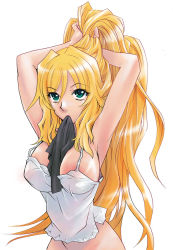 Rule 34 | 1girl, adjusting hair, armpits, arms up, between breasts, blonde hair, breasts, green eyes, hoshino kouichirou, large breasts, lisa vayu, long hair, mouth hold, object in mouth, ponytail, popcorn avatar, simple background, solo, very long hair, white background
