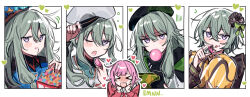 Rule 34 | 2girls, beret, candle no kaori wa omoide to tomo ni (project sekai), chocolate, eating, emne, food, green hair, green headwear, hat, highres, kusanagi nene, looking at viewer, low-tied sidelocks, multiple girls, multiple views, one eye closed, ootori emu, open mouth, pink hair, pop in my heart!! (project sekai), popcorn, project sekai, purple eyes, short hair, side ponytail, white headwear