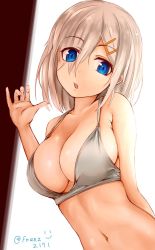 Rule 34 | 10s, 1girl, arm behind back, bikini, blue eyes, breasts, collarbone, eyes visible through hair, franz (217franz), hair ornament, hair over one eye, hairclip, hamakaze (kancolle), highres, indoors, kantai collection, large breasts, looking at viewer, navel, open mouth, short hair, silver bikini, silver hair, skindentation, solo, twitter username, upper body, window