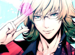 Rule 34 | 10s, 1boy, bad id, bad pixiv id, barnaby brooks jr., blonde hair, glasses, green eyes, male focus, salute, solo, teddy (artist), tiger &amp; bunny, two-finger salute