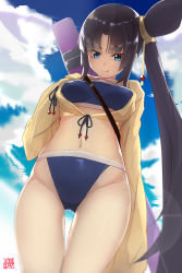 Rule 34 | 1girl, arm at side, bare legs, bare shoulders, bikini, black hair, blue bikini, blue eyes, blue panties, blue sky, breasts, closed mouth, collarbone, commentary request, contemporary, covered erect nipples, cowboy shot, day, fate/grand order, fate (series), from below, gluteal fold, goemon1110, highleg, highleg bikini, highres, impossible clothes, katana, lips, long hair, looking at viewer, medium breasts, midriff, navel, panties, parted bangs, sheath, sheathed, side ponytail, sky, sleeves past wrists, smile, solo, stomach, swimsuit, sword, thigh gap, thighs, underwear, ushiwakamaru (fate), ushiwakamaru (swimsuit assassin) (first ascension) (fate), very long hair, weapon, wide sleeves