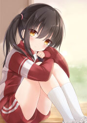 Rule 34 | 1girl, black hair, blurry, blurry background, blush, closed mouth, commentary request, depth of field, feet out of frame, gym uniform, hair between eyes, highres, hugging own legs, jacket, kneehighs, knees up, light smile, long hair, looking at viewer, mochizuki riku, original, red jacket, red shorts, shirt, shoes, short shorts, shorts, sidelocks, sitting, sleeves past wrists, socks, solo, thighs, track jacket, track suit, white shirt, white socks, yellow eyes