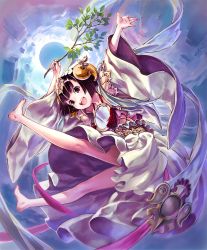 Rule 34 | 1girl, :d, amaterasu (shadowverse), artist request, barefoot, black hair, branch, cygames, full body, hair ornament, happy, mirror, official art, open mouth, red eyes, shadowverse, shingeki no bahamut, short hair, smile, solo, wide sleeves