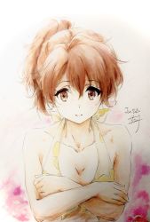 Rule 34 | 1girl, bare shoulders, bikini, bikini top only, grabbing another&#039;s breast, breast press, breasts, color ink (medium), covering privates, covering breasts, front-tie bikini top, front-tie top, grabbing, hibike! euphonium, highres, light brown hair, medium breasts, nii manabu, oumae kumiko, ponytail, signature, solo, swimsuit, yellow eyes