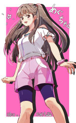 1girl :d bare_shoulders bike_shorts bike_shorts_under_shorts blush border brown_hair character_name clothing_cutout collarbone commentary drop_shadow feet_out_of_frame fujishima_megumi fujishima_megumi_(summer_training_wear) link!_like!_love_live! long_hair looking_at_viewer love_live! official_alternate_costume open_mouth outside_border pink_background pink_shorts purple_eyes purple_shorts ryxxxxx shirt shorts shoulder_cutout simple_background smile solo standing star_(symbol) two_side_up virtual_youtuber white_border white_shirt