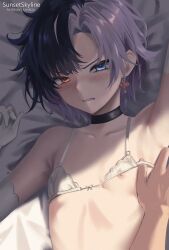 Rule 34 | 1girl, artist name, black choker, black hair, blush, bra, breasts, chocolate, choker, earrings, heterochromia, highres, idol corp, jewelry, looking at viewer, lying, multicolored hair, nipple slip, nipples, on bed, prince, purple hair, red eyes, rin penrose, short hair, small breasts, solo focus, split-color hair, sunset skyline, two-tone hair, underwear, undressing, undressing another, virtual youtuber, white bra, white hair