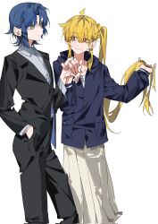 Rule 34 | 2girls, ahoge, asymmetrical hair, black jacket, black pants, black suit, blonde hair, blue hair, blue jacket, bocchi the rock!, bright pupils, closed mouth, collared shirt, commentary, corrupted twitter file, earrings, feet out of frame, formal, hand in own hair, hand in pocket, highres, holding hands, ijichi nijika, jacket, jewelry, long hair, long sleeves, looking at another, molu stranger, multiple girls, pants, pleated skirt, red eyes, shirt, short hair, side ponytail, simple background, skirt, smile, stud earrings, suit, suit jacket, very long hair, white background, white pupils, white shirt, white skirt, yamada ryo, yellow eyes