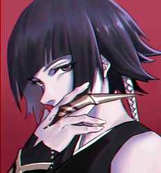 Rule 34 | 1girl, bare shoulders, black hair, bleach, blunt bangs, braid, brown eyes, chromatic aberration, claw (weapon), covering own mouth, detached sleeves, eyebrows, hand up, looking at viewer, portrait, red background, short hair, short hair with long locks, simple background, solo, sui-feng, weapon, you shikage