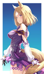 Rule 34 | 1girl, animal ears, asymmetrical gloves, bare shoulders, black gloves, blonde hair, blush, bow, bowtie, breasts, closed mouth, clothing cutout, cowboy shot, gloves, gradient background, highres, horse ears, horse girl, horse tail, izumi mahiru, jacket, long sleeves, looking at viewer, looking to the side, medium breasts, mismatched gloves, narita top road (umamusume), off-shoulder jacket, off shoulder, orange eyes, purple jacket, see-through, see-through sleeves, short hair, smile, solo, sweat, tail, tail through clothes, twitter username, umamusume, white gloves