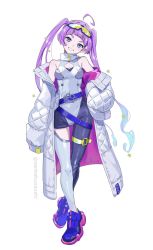 Rule 34 | 1girl, ahoge, bare shoulders, blue eyes, brass knuckles, breasts, coat, covered navel, crossed legs, eyewear on head, full body, grey thighhighs, grin, head tilt, highres, leotard, long hair, off shoulder, open clothes, open coat, original, pointy ears, purple hair, purple thighhighs, qing (sankakuosushi), shoes, sidelocks, simple background, single leg pantyhose, single thighhigh, sleeves past wrists, small breasts, smile, sneakers, standing, star (symbol), star in eye, sunglasses, symbol in eye, thick eyebrows, thighhighs, twintails, twitter username, very long hair, watermark, weapon, white background, white coat, white leotard