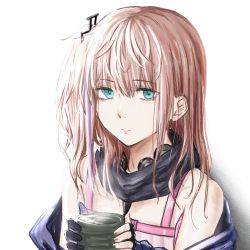 Rule 34 | 1girl, aqua eyes, breasts, closed mouth, cup, fingerless gloves, girls&#039; frontline, gloves, hair ornament, hairclip, highres, holding, holding cup, lips, long hair, looking at viewer, pink hair, purple gloves, scuro, side ponytail, small breasts, solo, st ar-15 (girls&#039; frontline), upper body, white background