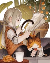 Rule 34 | 1girl, animal, animal on lap, black footwear, black pants, blonde hair, boots, brown jacket, cat, cat on lap, character doll, collared shirt, couch, cup, final fantasy, final fantasy xiv, food, from side, full body, grey eyes, holding, holding newspaper, jacket, lalafell, leaf, medium hair, moogle, mug, n122425, newspaper, on couch, on lap, pants, petting, plant, pointy ears, ponytail, profile, reading, shirt, sitting, sleeveless, sleeveless jacket, solo, steam, table, vase, waffle, warrior of light (ff14), white background, white shirt