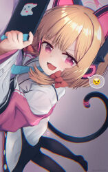 Rule 34 | 1girl, :3, :d, animal ear headphones, animal ears, black pantyhose, blue archive, blunt bangs, cat ear headphones, cat tail, chromatic aberration, coat, collared shirt, commentary request, doyagao, fake animal ears, hair ribbon, halo, handheld game console, head tilt, headphones, highres, holding, holding handheld game console, hood, hooded coat, light brown hair, looking at viewer, lying, momoi (blue archive), necktie, on stomach, open clothes, open coat, open mouth, pantyhose, parted bangs, red eyes, ribbon, saebashi, school uniform, shirt, short hair, sidelocks, smile, smug, solo, spoken expression, tail, tress ribbon