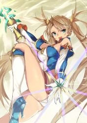 Rule 34 | 1girl, ass, bare shoulders, blonde hair, blue eyes, boots, bradamante (fate), bradamante (first ascension) (fate), braid, breasts, elbow gloves, energy barrier, energy shield, fate/grand order, fate (series), french braid, gloves, hair ribbon, high heel boots, high heels, knee boots, knee up, long hair, looking at viewer, medium breasts, ohland, open mouth, ribbon, smile, solo, thighs, twintails, very long hair, weapon