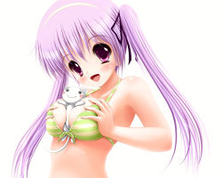 Rule 34 | 1girl, = =, animal between breasts, asf, bad id, bad pixiv id, bare shoulders, between breasts, bikini, bikini top only, blush stickers, breasts, breasts squeezed together, cat, front-tie top, grabbing, grabbing another&#039;s breast, hair ribbon, hairband, happy, large breasts, long hair, open mouth, original, purple eyes, purple hair, ribbon, smile, solo, striped bikini, striped clothes, swimsuit, twintails