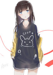 Rule 34 | 1girl, ano54, black shirt, blue eyes, blush, brown hair, head tilt, highres, long hair, long sleeves, looking at viewer, original, oversized clothes, oversized shirt, parted lips, puffy long sleeves, puffy sleeves, shirt, signature, sleeves past wrists, solo, white background