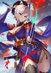 Rule 34 | absurdres, blue eyes, blue kimono, breasts, bun cover, cleavage, commentary request, cowboy shot, dual wielding, fate/grand order, fate (series), hair ornament, highres, holding, huge filesize, japanese clothes, jewelry, katana, kimono, large breasts, miyamoto musashi (fate), miyamoto musashi (third ascension) (fate), multicolored background, pink hair, ponytail, scottie (phantom2), sleeveless, sleeveless kimono, solo, sword, thighhighs, unsheathed, weapon, wide sleeves