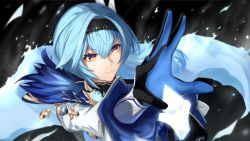 Rule 34 | 1girl, black background, black gloves, black hairband, blue gloves, blue hair, closed mouth, eula (genshin impact), genshin impact, gloves, hairband, highres, holding, holding sword, holding weapon, ice, medium hair, multicolored clothes, multicolored eyes, multicolored gloves, purple eyes, single bare shoulder, solo, sword, vision (genshin impact), wagachop, weapon, yellow eyes