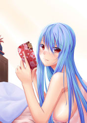 Rule 34 | 1girl, bed, blue hair, breasts, ein-l-f, female focus, gift, hat, unworn hat, unworn headwear, heart, highres, holding, holding gift, kamishirasawa keine, large breasts, long hair, lying, nude, on stomach, pillow, red eyes, solo, touhou, tsugaru (co-walker), upper body