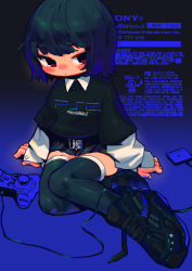 Rule 34 | 1girl, absurdres, ahoge, belt, black hair, blunt bangs, bob cut, closed mouth, collared shirt, controller, game console, game controller, gradient background, highres, long sleeves, looking at viewer, miniskirt, more e 4km, original, playstation 2, red eyes, reebok, shirt, shoes, short hair, sidelocks, simple background, skirt, sleeve cuffs, sneakers, solo, sweater, thighhighs, thighs, video game
