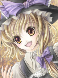 Rule 34 | 1girl, :d, black hat, blonde hair, bow, buttons, collared shirt, dress shirt, dutch angle, eyebrows, female focus, frills, hair bow, hat, hat bow, kirisame marisa, long hair, open mouth, purple bow, shirt, smile, solo, touhou, upper body, witch hat, yellow eyes, yuki shuuka