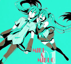 Rule 34 | 1boy, 1girl, bad id, bad pixiv id, blue theme, boots, character name, couple, dual persona, genderswap, genderswap (ftm), happy, hatsune miku, hatsune mikuo, hetero, highres, kunieda (miniaturegarden), laughing, long hair, necktie, skirt, thigh boots, thighhighs, very long hair, vocaloid
