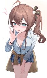 Rule 34 | 1girl, absurdres, ahoge, aqua eyes, blue skirt, blush, bracelet, breasts, brown cardigan, brown hair, cardigan, cardigan around waist, cleavage, clothes around waist, collarbone, collared shirt, commentary request, double-parted bangs, hair between eyes, hand on own thigh, hand up, heart, highres, hololive, iruka3, jewelry, leaning forward, long sleeves, looking at viewer, natsuiro matsuri, open mouth, plaid, plaid skirt, pleated skirt, school uniform, shirt, side ponytail, sidelocks, simple background, skirt, small breasts, smug, virtual youtuber, white background, white shirt