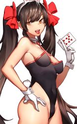 Rule 34 | 1girl, :p, alternate costume, animal ears, bare shoulders, blush, bow, breasts, brown eyes, brown hair, card, cleavage, contrapposto, covered navel, cowboy shot, detached collar, fake animal ears, from side, girls&#039; frontline, gloves, hair bow, hand on own hip, highleg, highleg leotard, highres, leotard, long hair, looking at viewer, necktie, playboy bunny, playing card, rabbit ears, rabbit tail, sideboob, sigma 2018, simple background, small breasts, solo, standing, tail, tongue, tongue out, twintails, type 97 (girls&#039; frontline), very long hair, white background, white gloves
