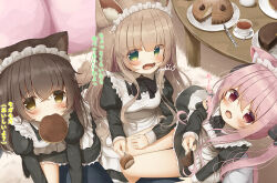Rule 34 | 3girls, animal ear fluff, animal ears, apron, banned artist, black dress, blush, breasts, brown hair, cake, cake slice, cat ears, cat girl, dress, fang, food, food in mouth, green eyes, incoming food, juliet sleeves, long hair, long sleeves, looking at viewer, maid, maid apron, maid headdress, mouth hold, multiple girls, open mouth, original, pink hair, psyche3313, puffy sleeves, red eyes, short dress, signature, small breasts, translation request, twintails, white apron, yellow eyes