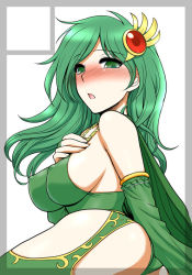 Rule 34 | 1990s (style), 1girl, :o, ass, blush, border, breasts, bridal gauntlets, cape, embarrassed, covered erect nipples, female focus, final fantasy, final fantasy iv, from behind, garter straps, gem, green eyes, green hair, hair ornament, jewelry, large breasts, leotard, long hair, looking back, matching hair/eyes, necklace, open mouth, rydia (ff4), sideboob, solo, st.germain-sal, surprised, thighs, white background