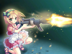 Rule 34 | 1girl, apron, blonde hair, blush, bow, closed mouth, dress, elin (artist), eyebrows, floating hair, frilled apron, frilled dress, frilled sleeves, frills, from side, green eyes, gun, hair bow, hairband, holding, holding weapon, official art, pink dress, rifle, sandals, shoes, short hair, simple background, solo, weapon, wonderland online