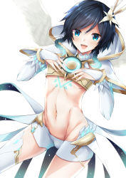Rule 34 | 1boy, :d, aqua eyes, aqua hair, black hair, braid, bridal gauntlets, bulge, capelet, chest tattoo, commentary request, crop top, feathered wings, flower, genshin impact, gold trim, gradient hair, groin, hair between eyes, hair flower, hair ornament, hands on own chest, highres, hood, hood down, hooded capelet, looking at viewer, male focus, midriff, multicolored hair, navel, open mouth, short hair with long locks, short shorts, shorts, side braids, sidelocks, simple background, single thighhigh, smile, solo, tattoo, thighhighs, toned, toned male, twin braids, venti (archon) (genshin impact), venti (genshin impact), wa yuta, white background, white capelet, white flower, white shorts, white thighhighs, white wings, wings