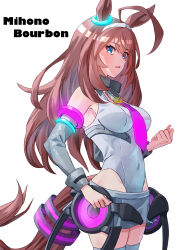 Rule 34 | 1girl, absurdres, ahoge, animal ears, armpits, blue eyes, breasts, brown hair, character name, clenched hand, collarbone, covered navel, detached sleeves, hair between eyes, hair ornament, headband, highres, horse ears, horse girl, horse tail, kento (kentdrawing), large breasts, long hair, looking at viewer, mihono bourbon (umamusume), necktie, open mouth, simple background, solo, tail, thighhighs, umamusume, white background
